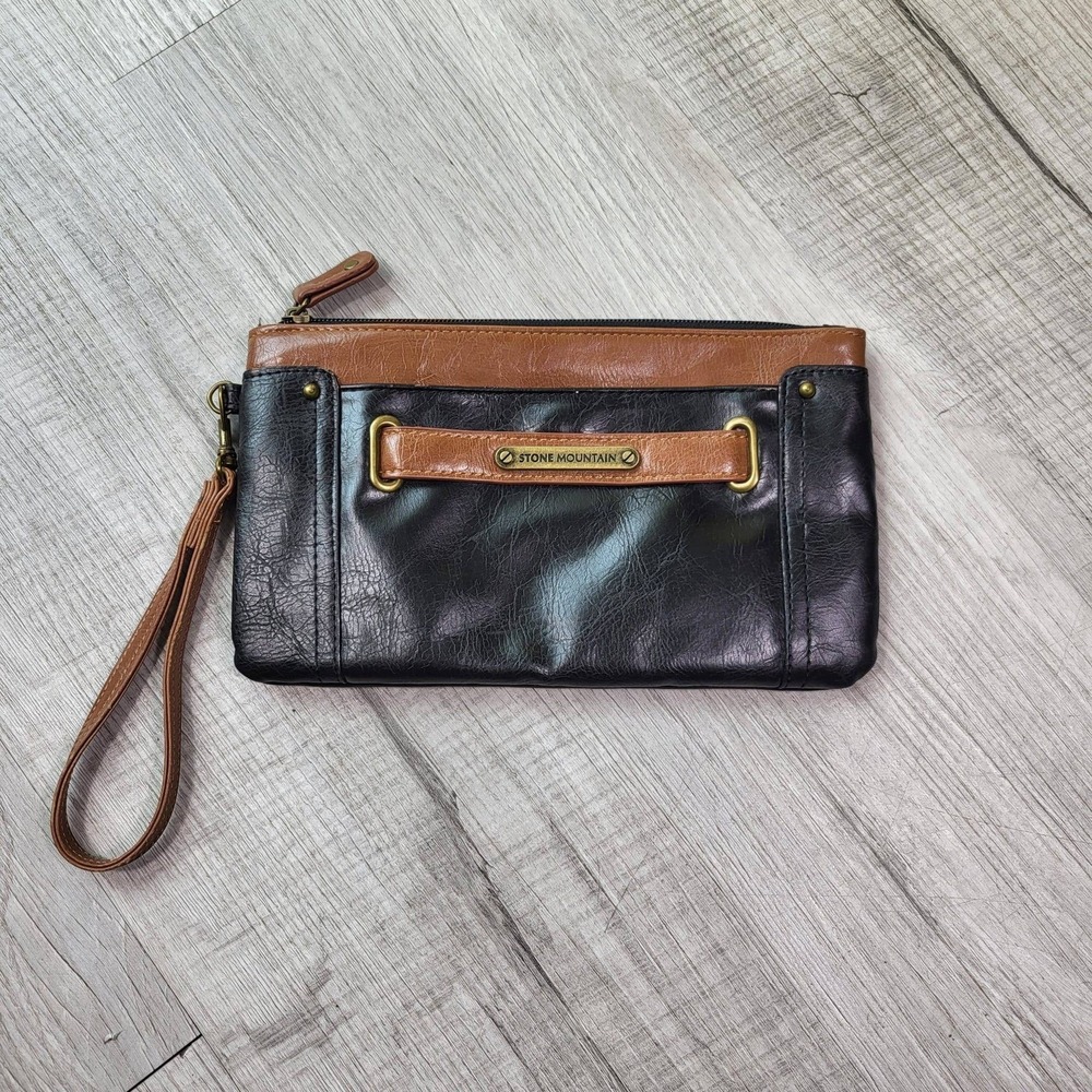 Stone Mountain Black Brown Pure Leather Wristlet Clutch Bag Brass Hardware